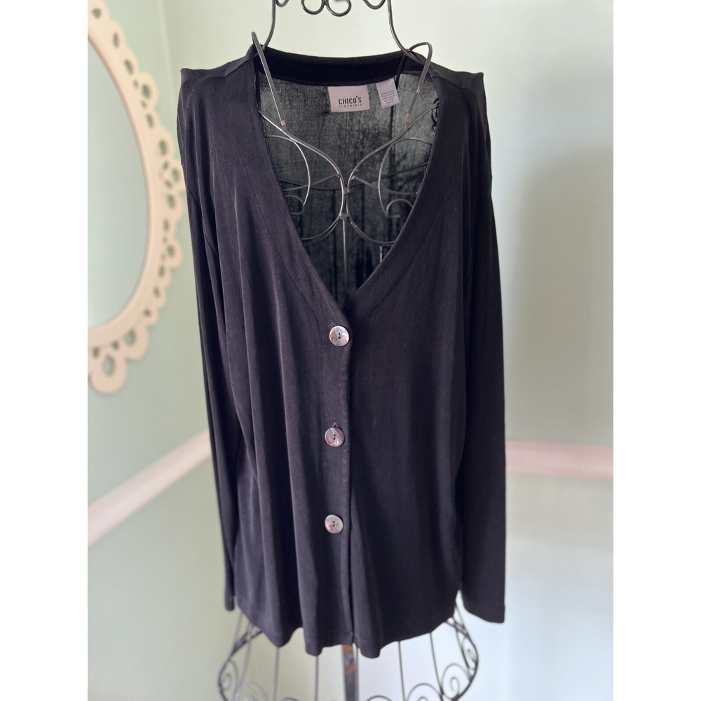 Chicos Travelers Sz 2 L Black Button Down Tunic Cardigan Sweater Top Made in USA